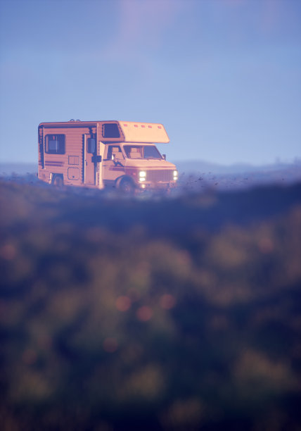 在雾蒙蒙的乡间，露营者亮着车灯。3 d渲染。图片下载