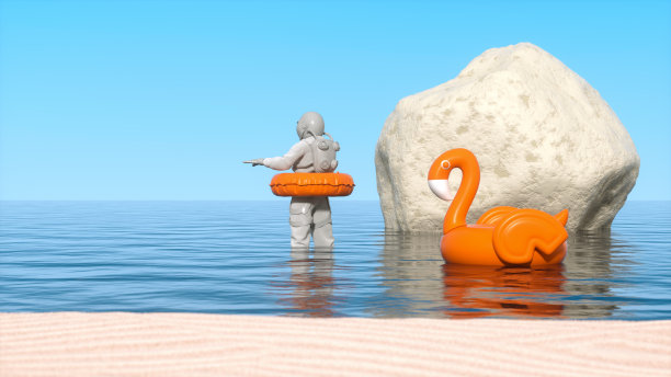 宇航员与游泳环在海滩上，夏天和旅行的概念图片下载