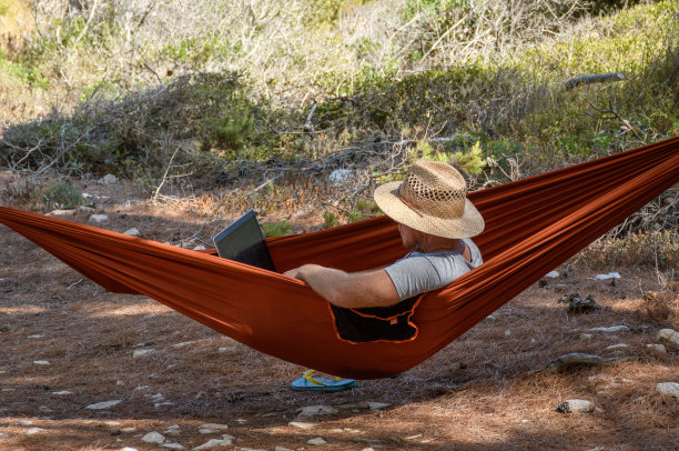 一名男子在吊床上放松，使用笔记本电脑图片下载