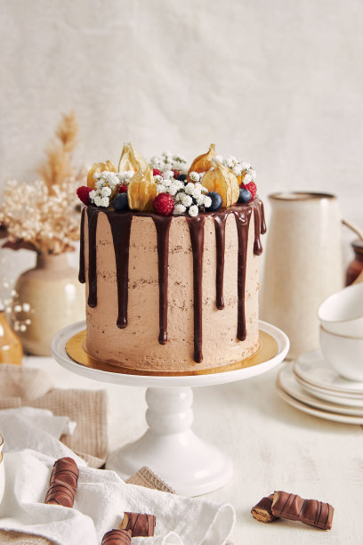 特写镜头:白色餐桌上的巧克力蛋糕，上面点缀着浆果图片下载