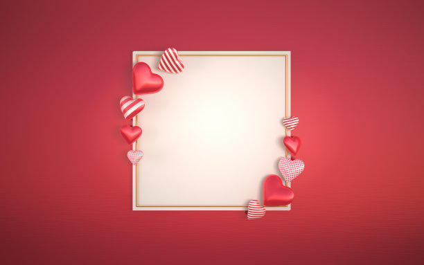 情人节概念与3D心脏形状，站在白纸和黄金方形的数字图片下载