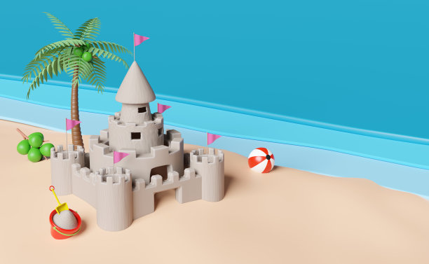 沙堡与塔，堡垒，大门和旗帜，沙滩，棕榈树，椰子，大海背景。暑期旅游假期概念，3d插图或3d渲染图片下载