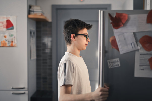 一个戴眼镜、穿白衬衫的男孩在检查冰箱，看能放些什么图片下载