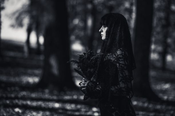 一个可怕的尸体新娘在秋天的森林灰度图片下载