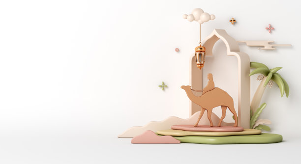 伊斯兰装饰背景与窗口清真寺，骆驼，新月，斋月kareem, mawlid，开斋，isra miraj，开斋节，穆哈拉姆，复制空间，3D插图。图片下载