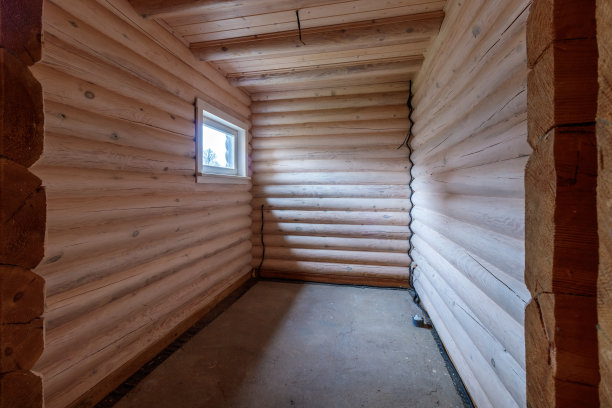 一栋由内而外的两层小木屋，坐落在针叶云杉松林中图片下载