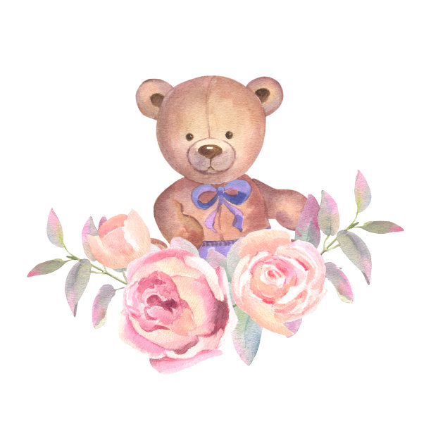 刚出生的小熊，有桃花和粉红色的叶子。水彩画女婴淋浴隔离在白色背景。图片下载