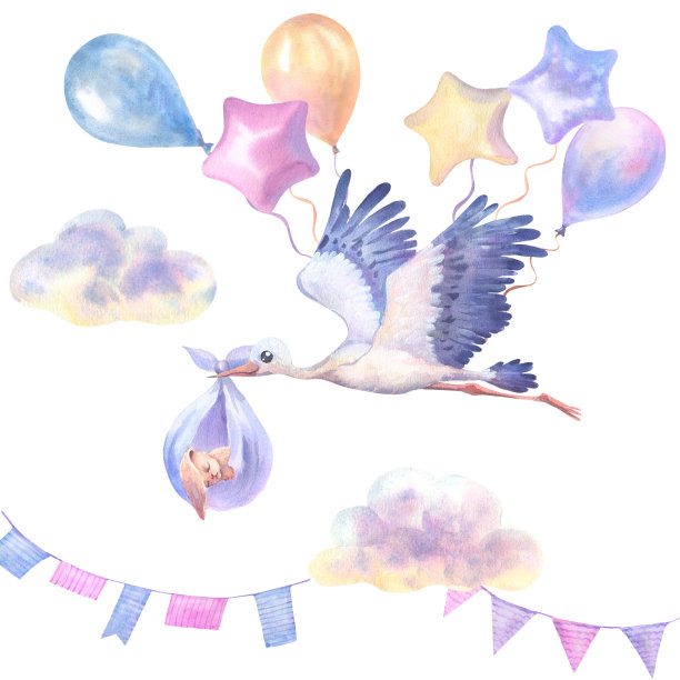水彩手画飞翔的白鹳与睡着的小兔子，彩色气球，云，旗帜。手绘彩霞鸟插图孤立的白色背景。图片下载