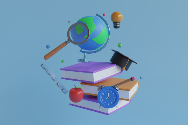 带闹钟的3D书籍。回到学校的概念。学校时间概念。三维演示图片下载