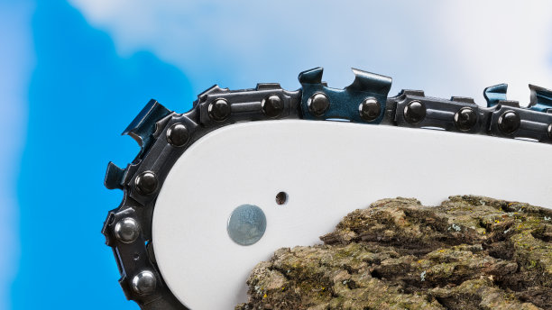 在蓝色的天空背景上锯木的锯链上的钢齿的链锯导杆的特写图片下载