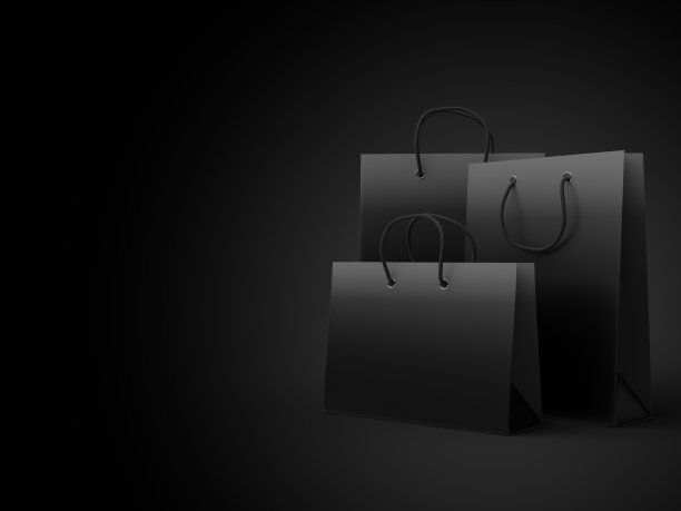 集豪华光滑的购物袋在黑色背景上的黑色梯度与复制空间，3d渲染插图与剪辑路径图片下载