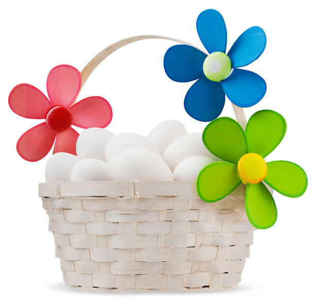 复活节篮子充满了鸡蛋花春天的装饰，孤立的白色背景，模板标签，礼品贺卡，广告促销购物横幅或票价图片下载
