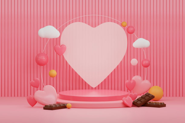 粉红色领奖台和背景在现实的3D与白色心形背景。3D渲染图片下载