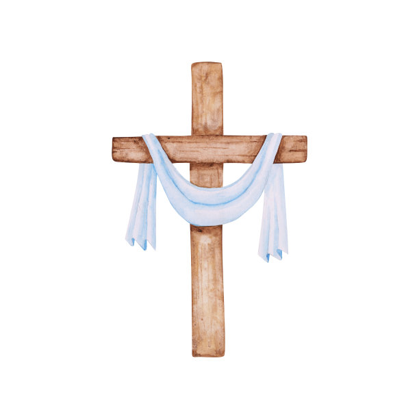 白色背景上孤立的宗教十字架。水彩木制基督十字架与一块蓝色织物。手绘的天主教或东正教符号，代表第一次聚会、洗礼、复活节和圣诞节。图片下载