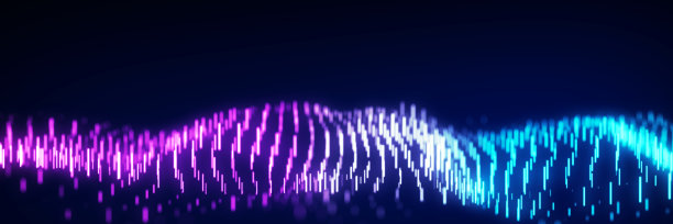 摘要在暗色背景上垂直紫色和蓝色发光线的动态波流。数字波背景概念。大数据可视化。3 d渲染。图片下载