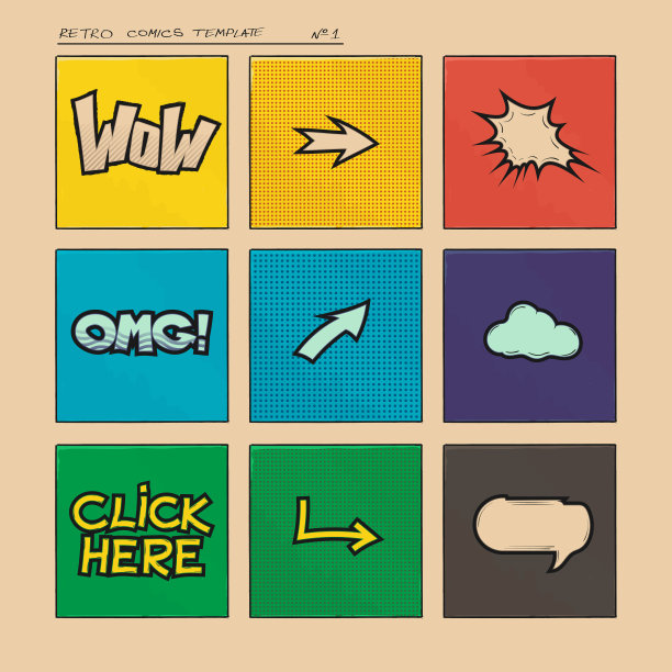 复古漫画模板集。低保真纹理着色。手绘图标，标志，排版设计。流行艺术文化，漫画书，纺织品，印刷品，贴纸，横幅。版。矢量插图。图片下载