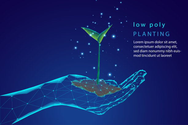 摘要手给土壤中的小植物，低聚图案，蓝色几何背景设计，连接结构，线框图案。图片下载