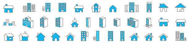 简单的建筑和房屋线图标集图片下载