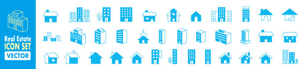 简单的建筑和房屋线图标集图片下载