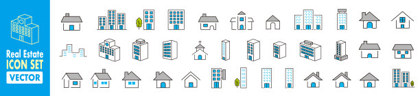 简单的建筑和房屋线图标集图片下载