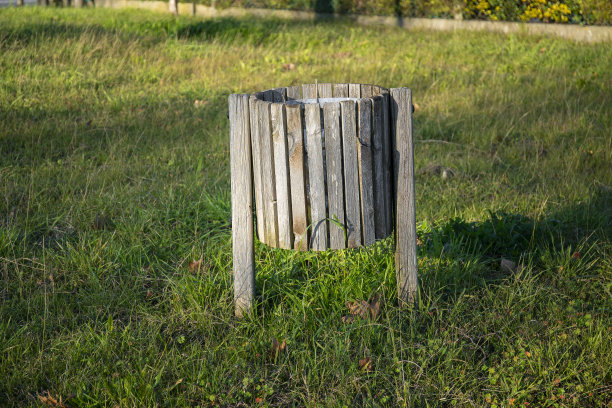 近距离拍摄的一个空的街道垃圾木桶在绿色的草地在公园在太阳日图片下载