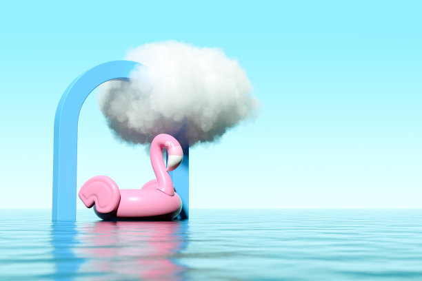 海上火烈鸟，云与门，极简的夏日与旅行概念图片下载