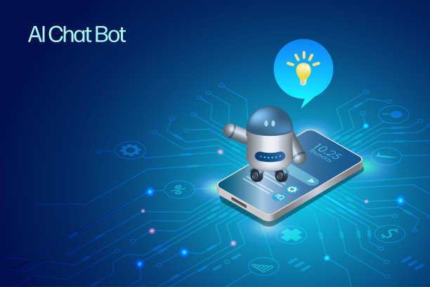 人工智能聊天机器人在智能手机上聊天，总结信息，生成智能解决方案。人工智能答题引擎机器人提供智能对话和解决方案。三维向量。图片下载