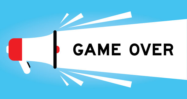 彩色扩音器图标与文字游戏结束在白色旗帜上的蓝色背景图片下载