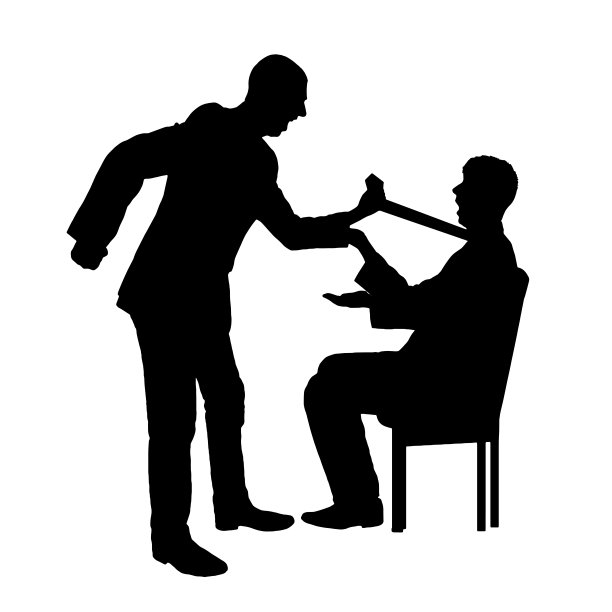 一个愤怒的男老板握着一个坐在椅子上受惊的员工的领带。欺负的商业概念图片下载