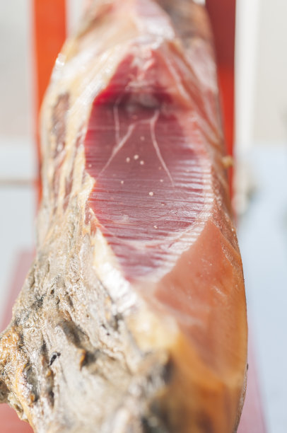 伊比利亚猪生塞拉诺火腿的垂直镜头图片下载