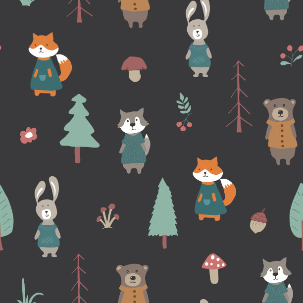 可爱的动物无缝图案。森林背景中的卡通动物。矢量图图片下载