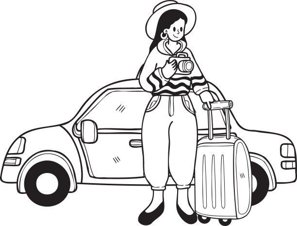 手绘女游客等待出租车的涂鸦风格插图图片下载