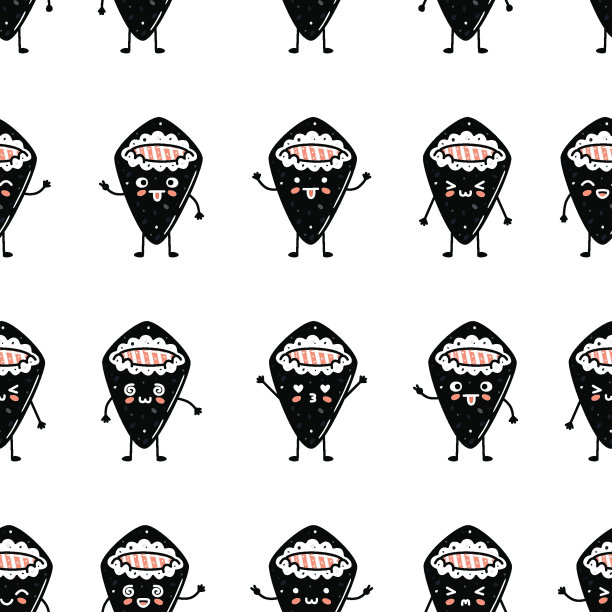 可爱的寿司插画。矢量平面手绘无缝模式图片下载