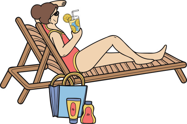 手绘女游客在海上晒太阳涂鸦风格的插图图片下载