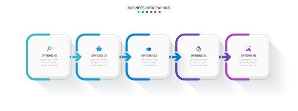 时间轴信息图与信息图表。现代表示模板与5 spets业务流程。网站模板在白色背景的概念现代设计。横向布局。图片下载