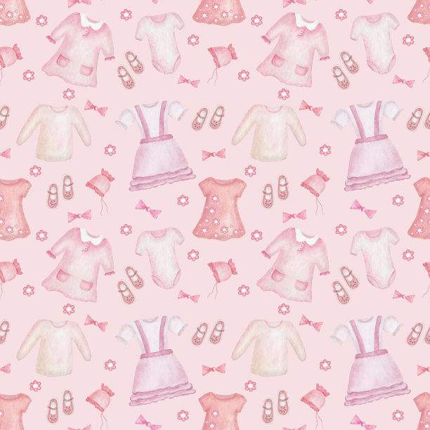 水彩无缝图案。儿童服装手绘插图:连衣裙，t恤，鞋子，紧身衣，帽子。女孩的衣服。婴儿洗澡。印刷在粉红色背景织物纺织，包装图片下载