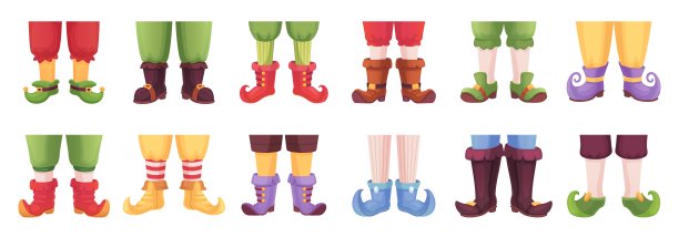 Gnome的腿。精灵脚在狂欢节裤子，小精灵或女巫脚鞋卡通矮人靴子搞笑条纹袜子，精灵女巫腿为节日精灵巧妙矢量插图图片下载