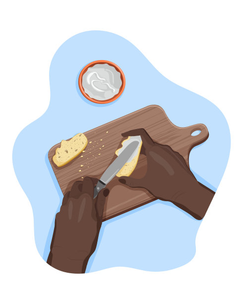 黑色左手男子的手在面包上抹奶油奶酪图片下载