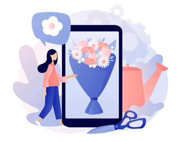 花店的概念。网上花店。小女人在智能手机应用程序上订购花束。花交付。现代平面卡通风格。白色背景上的矢量插图图片下载