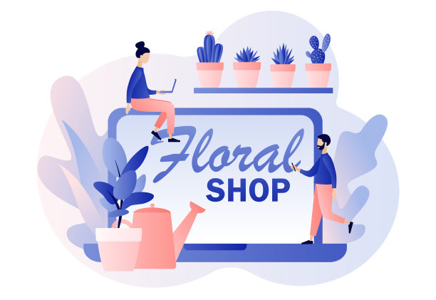 花店的概念。网上花店。小人在网站上订购花盆。植物区系的业务。花交付。现代平面卡通风格。白色背景上的矢量插图图片下载