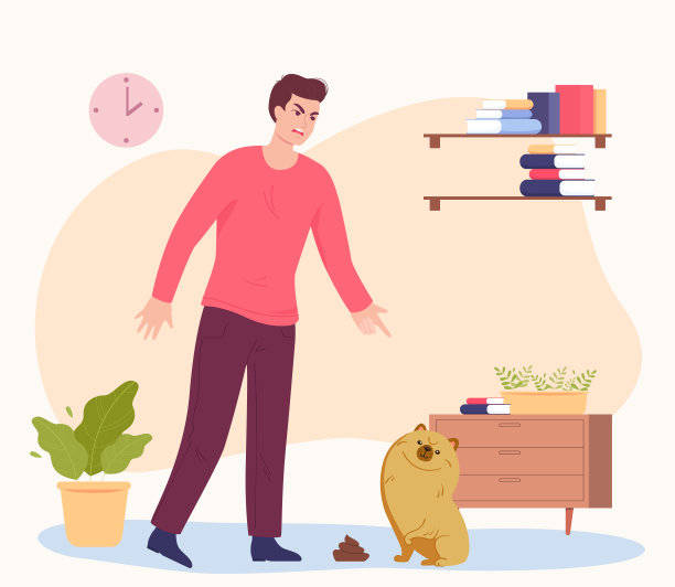 一名男子对狗大喊大叫，因为狗在地板矢量插图上拉屎图片下载