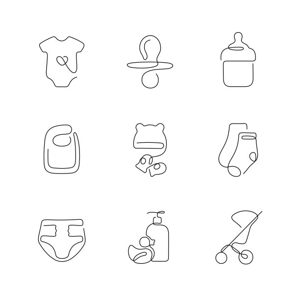 婴童用品艺术风格连续线条图标图片下载