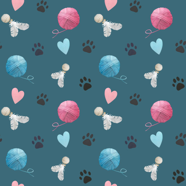 无缝水彩图案与深色爪印，心形，玩具和线索在蓝色背景图片下载