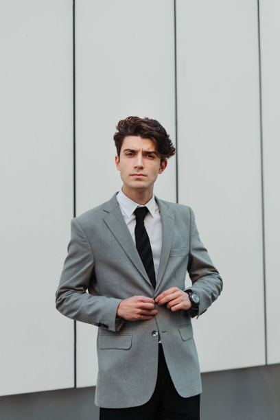 一个严肃的年轻白人男子在灰色的墙壁前穿着专业的垂直镜头图片下载