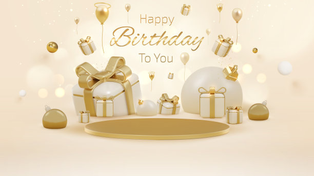 生日快乐的背景和礼盒和现实气球装饰带。图片下载