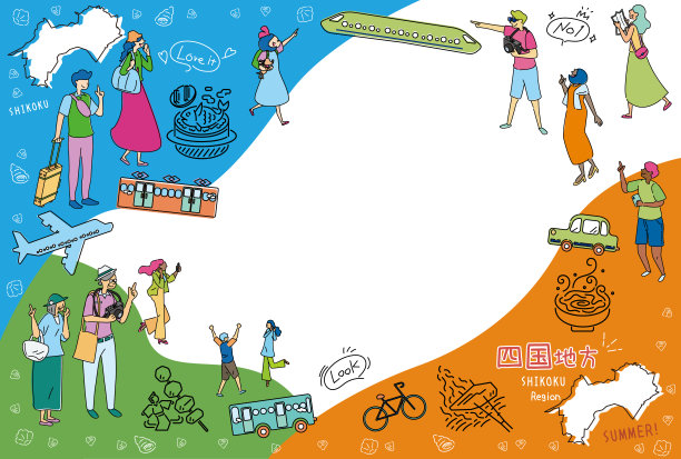 在日本四国地区享受夏日美食观光的游客，一组图标(线条画)图片下载