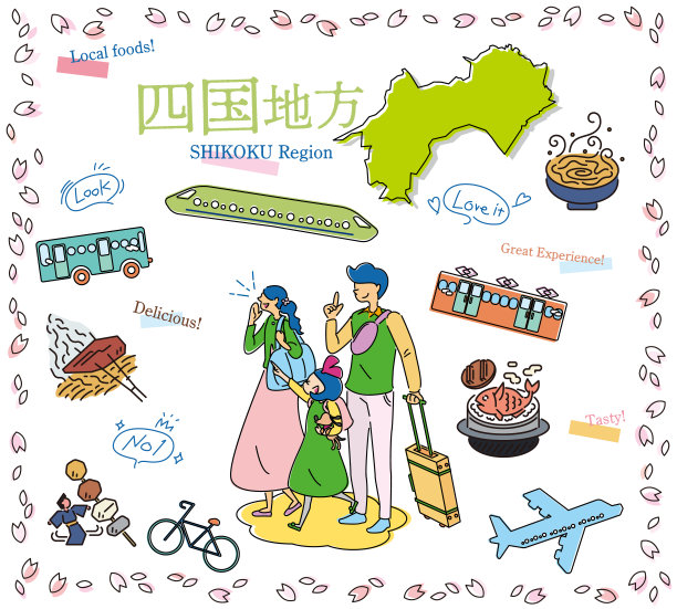 在日本四国地区享受春天美食观光的一家三口，一组图标(线条画)图片下载