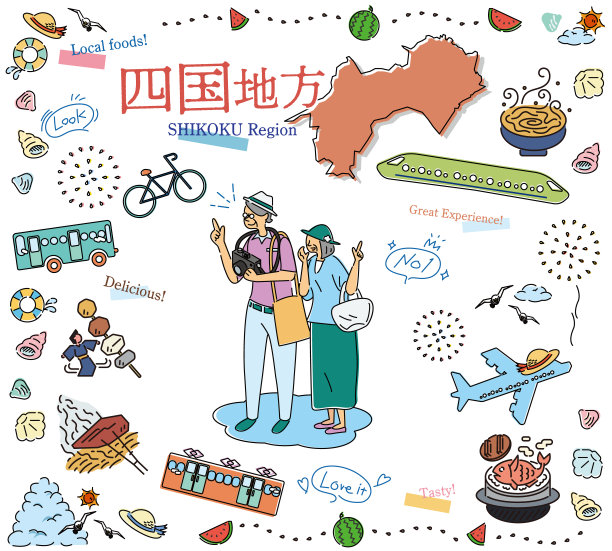 一对老年夫妇在日本四国地区享受夏日美食观光，一组图标(线条画)图片下载