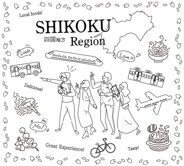 游客在日本四国地区享受春天的美食观光，一组图标(黑白线条画)图片下载