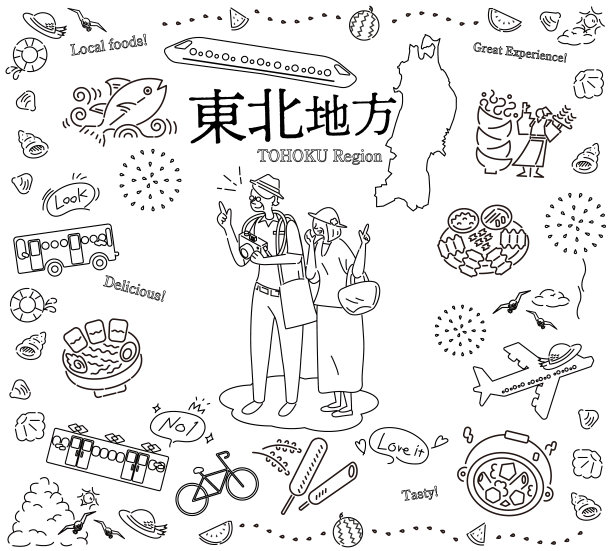 一对老年夫妇在日本东北地区享受夏日美食观光，一组图标(线条画黑白)图片下载